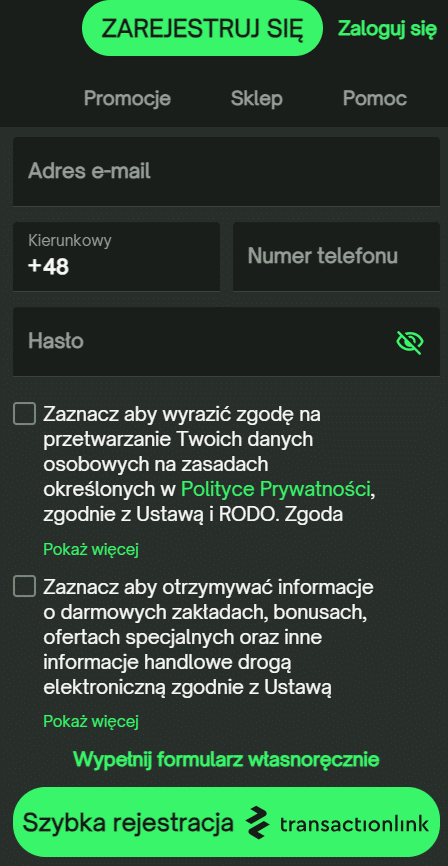 rejestracja w comeon przez transactionlink opcja szybkiej rejestracji comeon