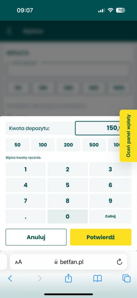 wprowadzenie kwoty depozytu w Betfan Betfan wpłata depozytu