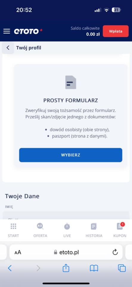 Prosty formularz weryfikacyjny w ETOTO weryfikacja u bukmachera ETOTO przez formularz