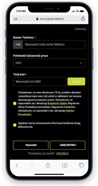 GO+bet kod SMS przy rejestracji Rejestracja GO+bet