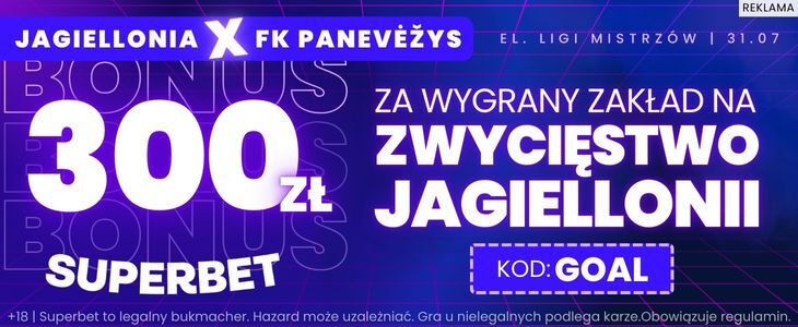 300 zł bonusu w Superbet na spotkanie Jagiellonia - FK Poniewież Superbet promocja na mecz Jagiellonia - FK Poniewież