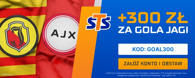 300 zł bonusu za gola Jagiellonii w meczu z Ajaxem Promocja w STS na mecz Jagiellonia - Ajax