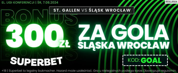 Bonus 300 zł za gola Śląska z St. Gallen Promocja w Superbet na spotkanie Śląsk Wrocław - St. Gallen