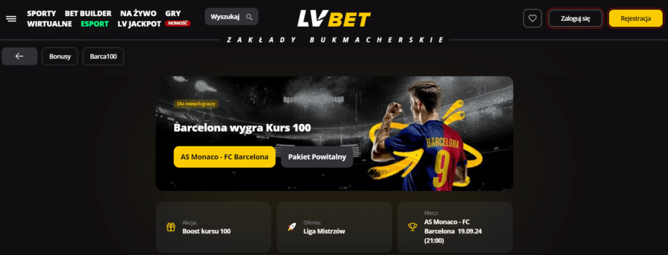 Podstrona promocyjna LV BET na mecz Monaco - Barcelona Specjalna oferta LV BET na wygraną Barcy z Monaco