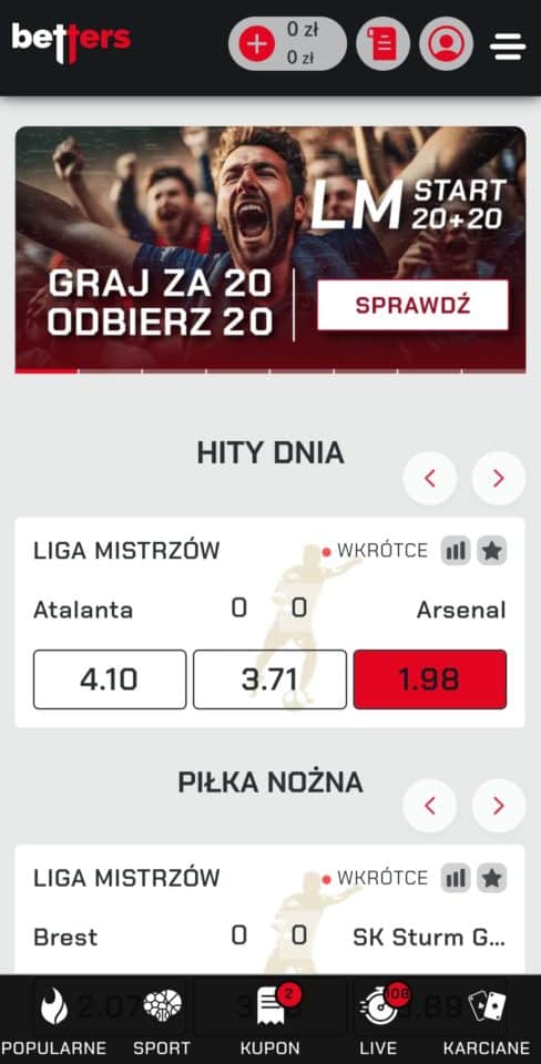 Wybór zakładu Betters Tworzenie kuponu w Betters