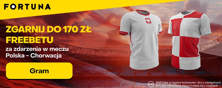 170 zł bonusu w Fortunie na mecz Polska - Chorwacja Promocja na mecz Polska - Chorwacja w Fortunie