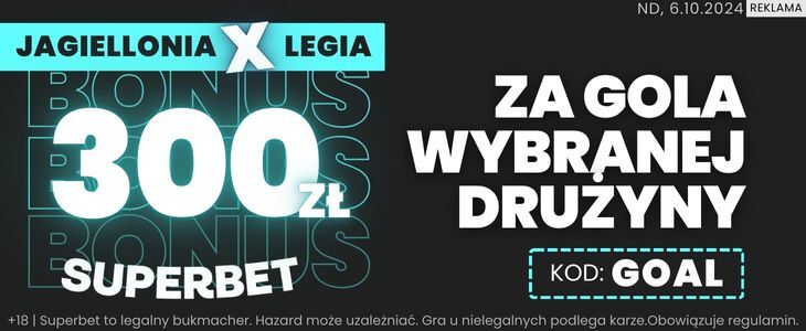 300 zł bonusu na spotkanie Jagiellonia - Legia Promocja w Superbet na mecz Jagiellonia - Legia