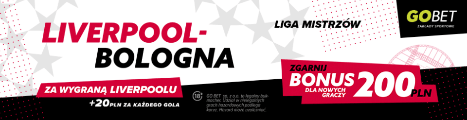 Bonus w GObet na spotkanie Liverpool - Bologna Promocja w GObet na mecz Liverpool - Bologna