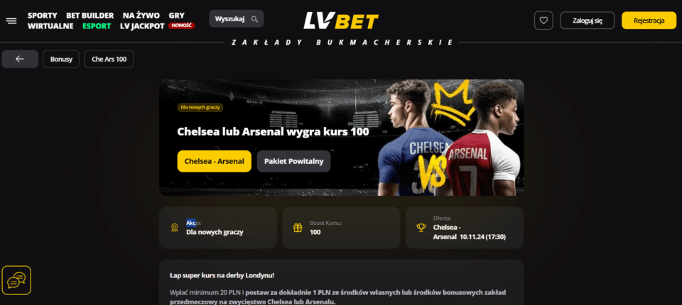 Dołącz do promocji LV BET na mecz Chelsea - Arsenal Strona promocyjna oferty LV BET na mecz Chelsea - Arsenal