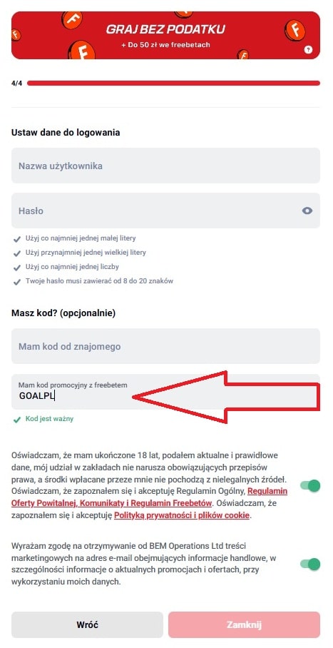 rejestracja w betclic - login i kod