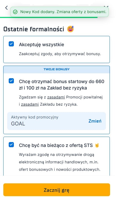 STS rejestracja - kod promocyjny